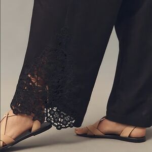 Elegant Black Lace Trim Pants Elastic Boho Cottagecore